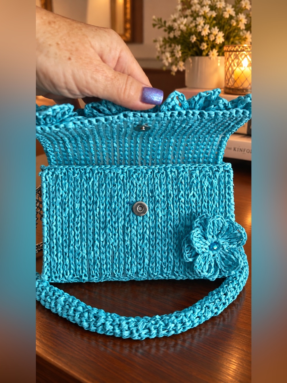 Handmade Turquoise Raffia Shoulder Bag with Flower Accent